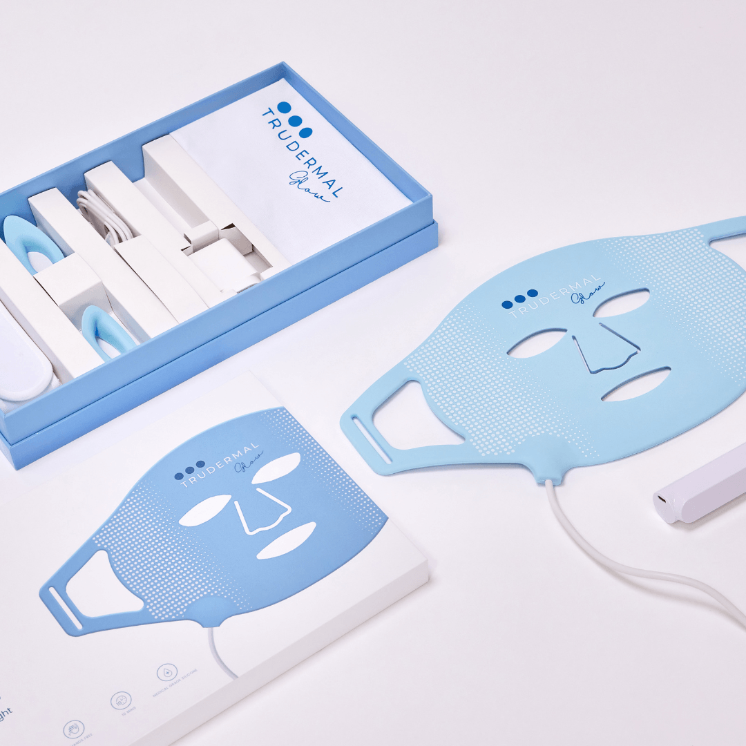 trudermal glow led face mask as flat lay showing all elements